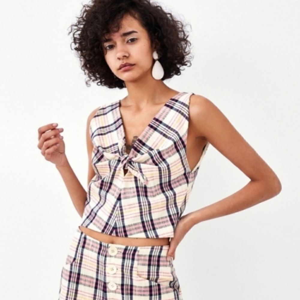 Zara Plaid Check Tweed Bow Sleeveless Crop Top‎ LG